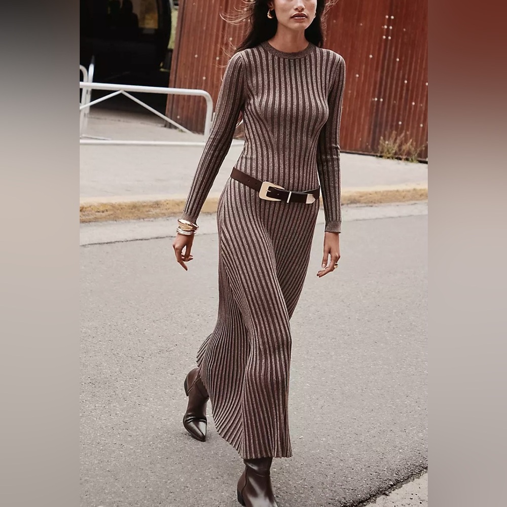 LOFT Roasted Walnut Brown Shimmer Ribbed Mock neck Ribbed Maxi Sweater Dress